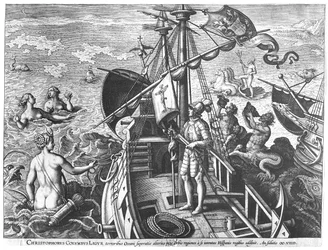 Christoph Kolumbus (1451-1506) an Bord seiner Karavelle, entdeckt Amerika
